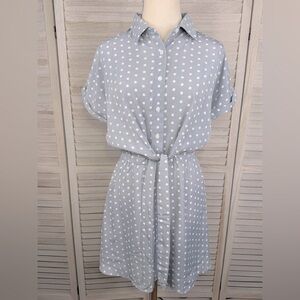 Polka Dot Shirt Dress with Front Tie Gray/White Dots-Medium